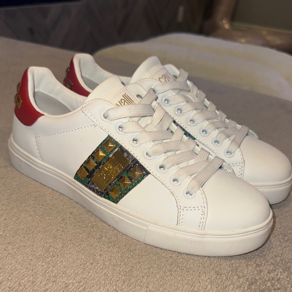 Cavalli Class White Leather Sneakers with Green and Gold Stripes and Red Heel